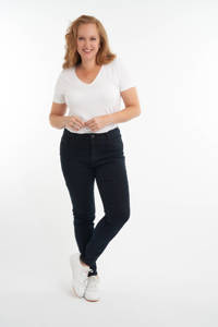 Donkerblauwe dames MS Mode slim fit jeans van stretchdenim met regular waist