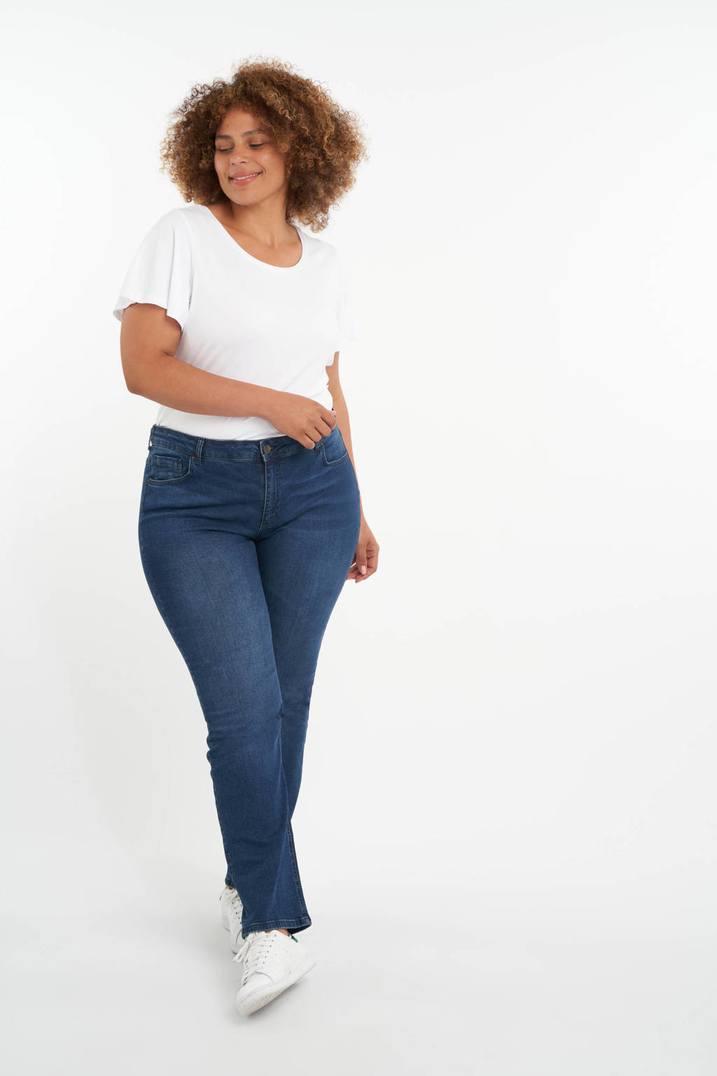Donkerblauwe dames MS Mode straight fit jeans van stretchdenim met regular waist en rits- en knoopsluiting