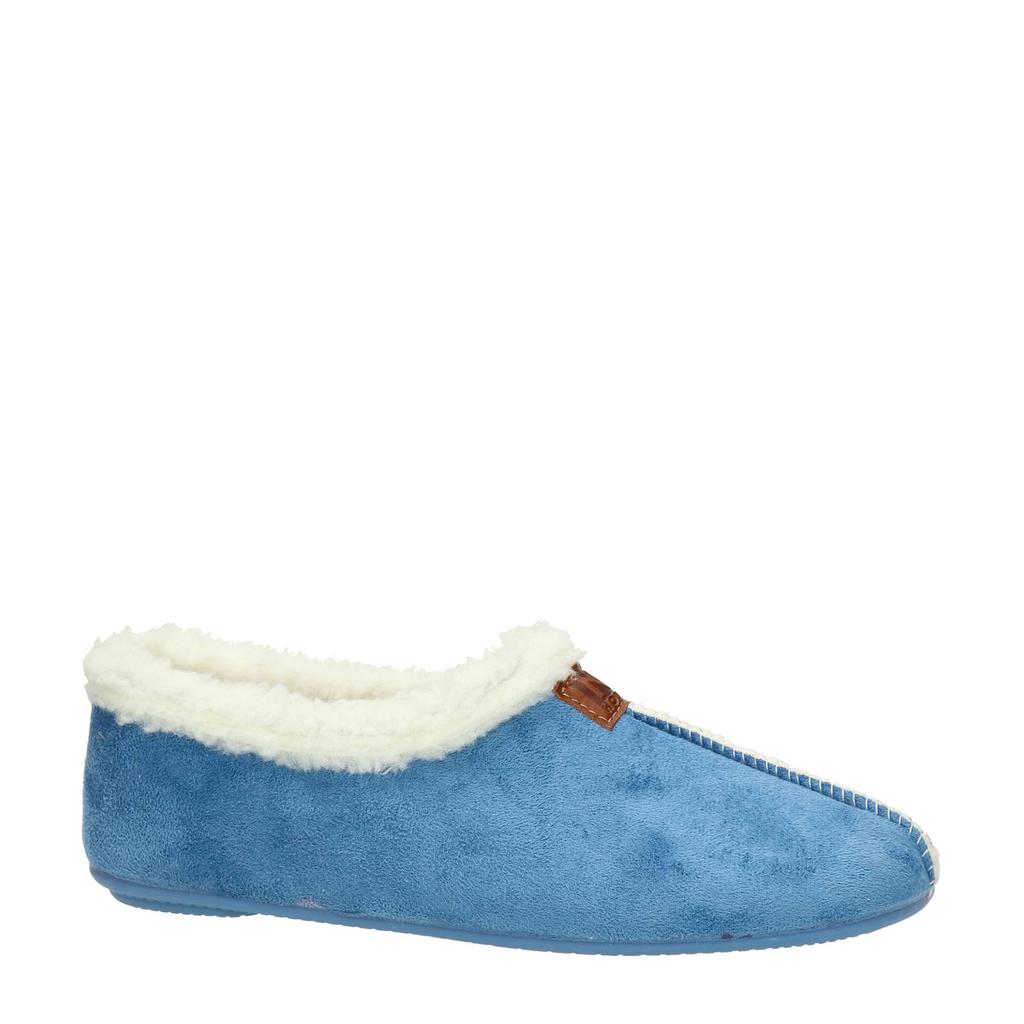 Blauwe dames Nelson Home pantoffels van textiel/teddy/rubber met effen