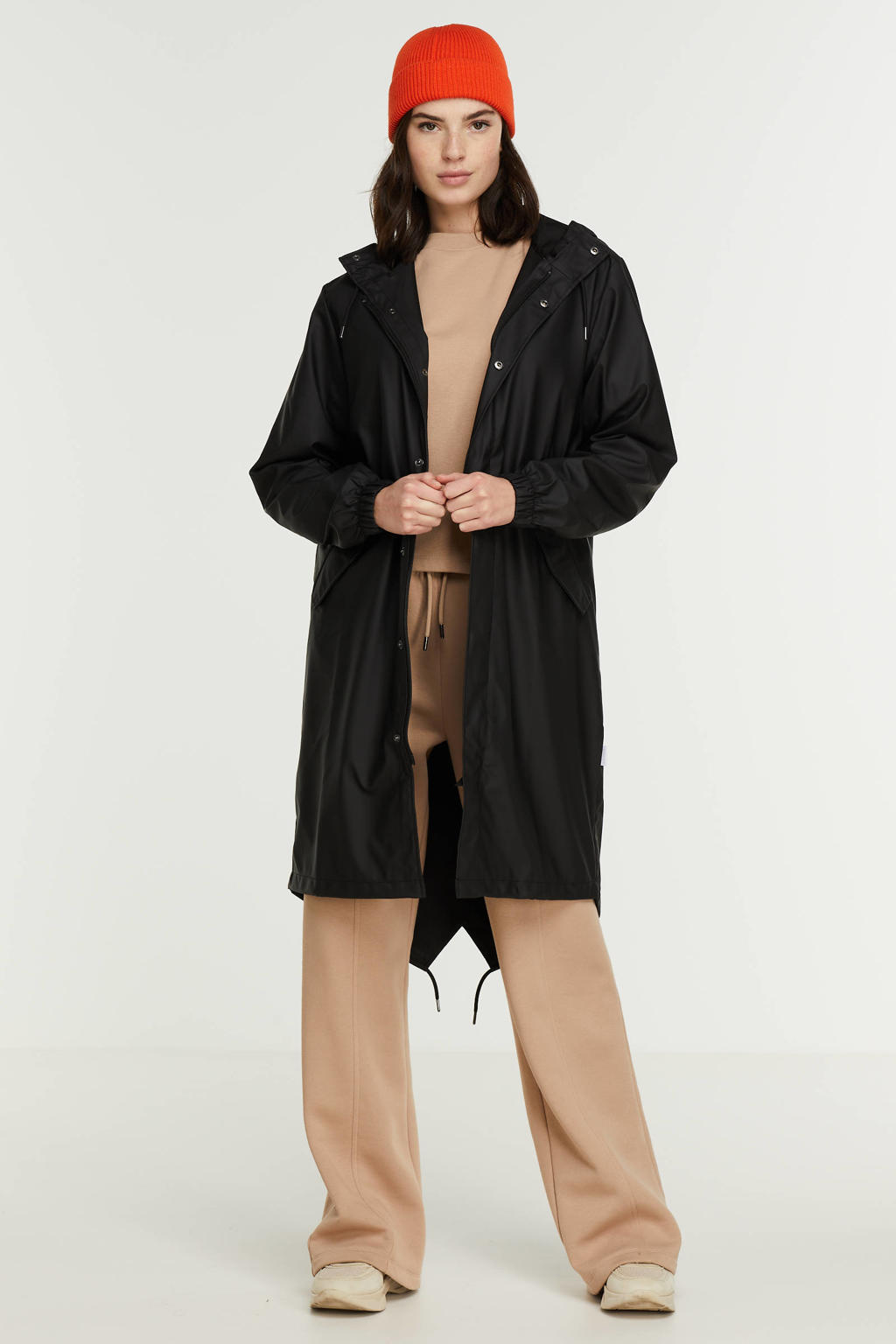 Zwarte heren Rains unisex Fishtail Parka regenjas van polyethyleen met capuchon en knoopsluiting