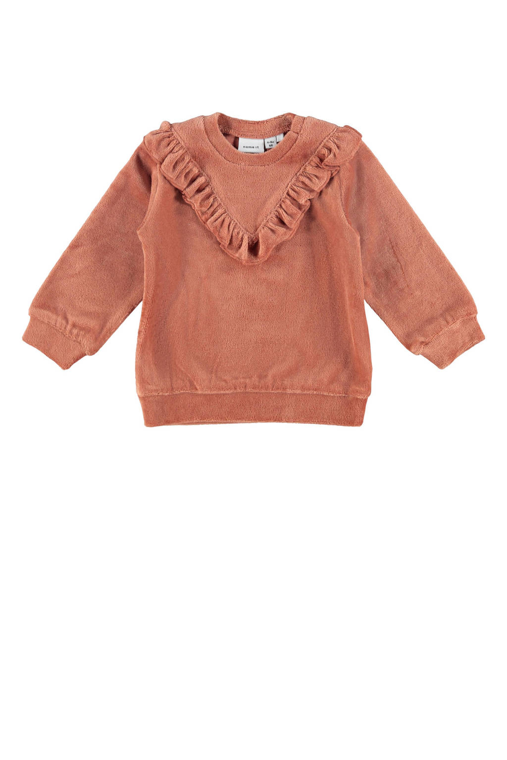 NAME IT BABY baby fluwelen hoodie NBFNAYA met ruches roodoranje, Roodoranje