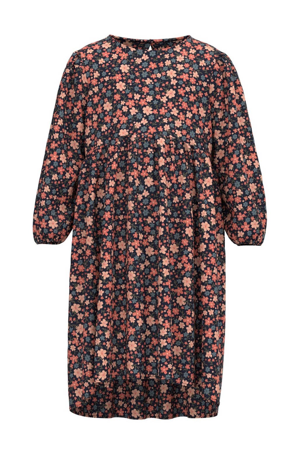 NAME IT MINI gebloemde jurk NMFVINAYA van gerecycled polyester roze/zwart/blauw, Roze/zwart/blauw