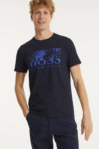 Donkerblauwe heren BOSS Casual T-shirt Teally van katoen met logo dessin, korte mouwen en ronde hals