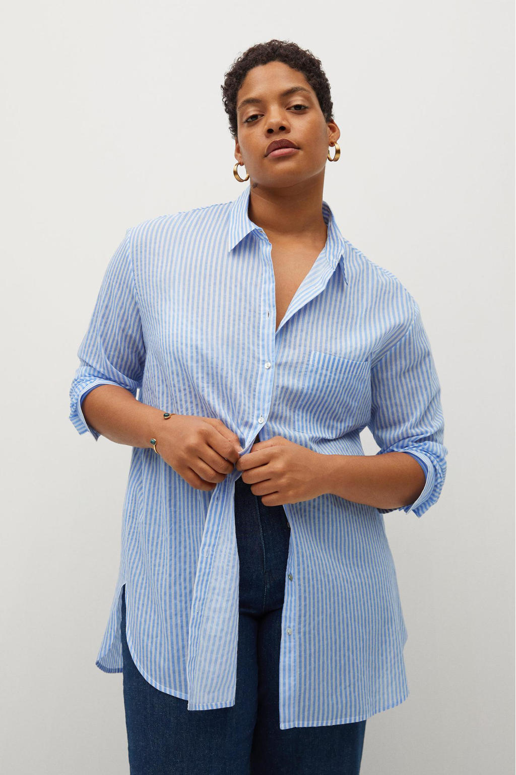 Mango Plus Size gestreepte geweven blouse lichtblauw/wit