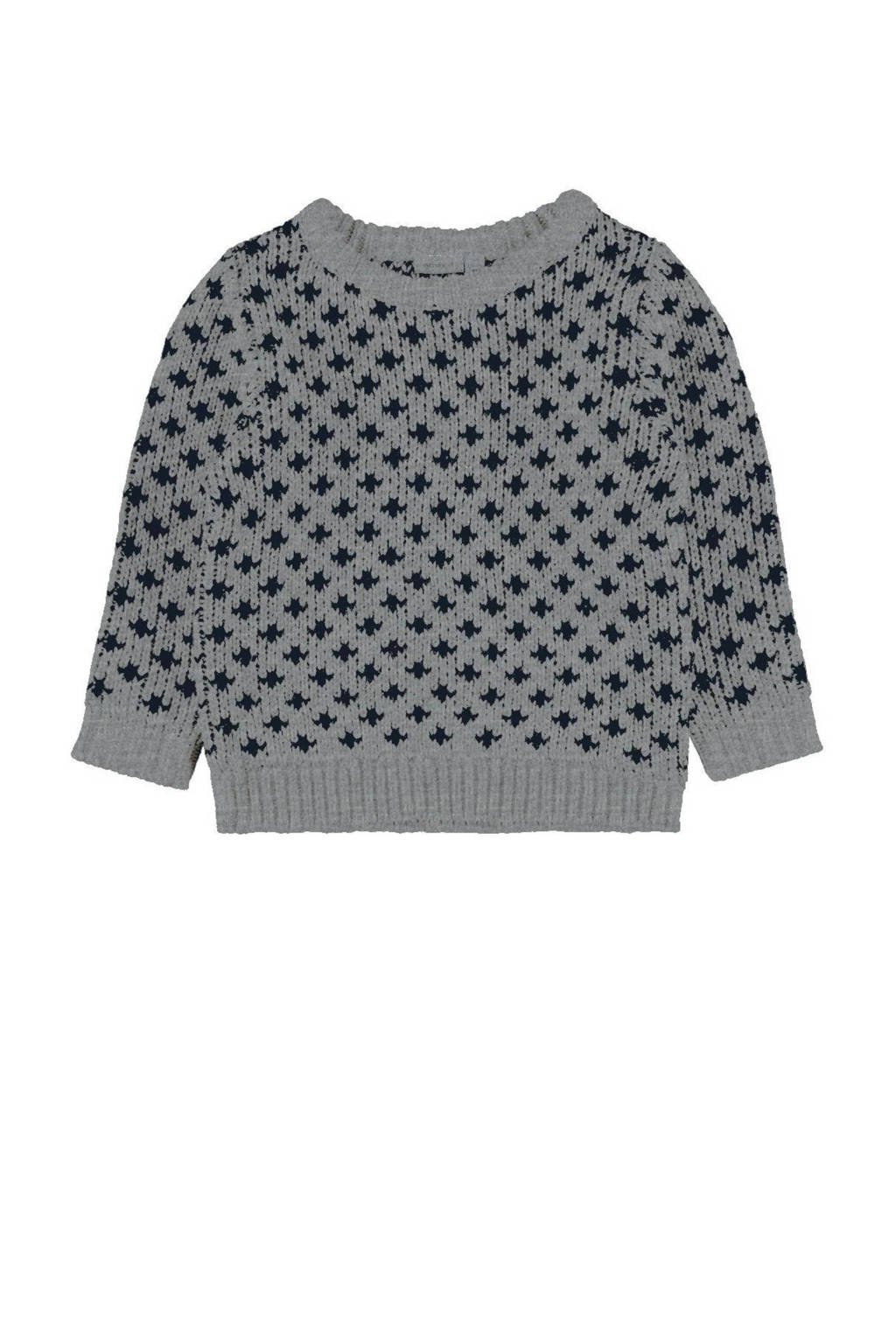 Grijs melange jongens NAME IT MINI gebreide trui katoen melange met all over print, lange mouwen en ronde hals
