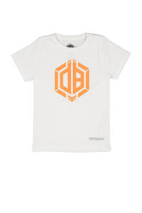 Wit en oranje jongens Vingino Daley Blind T-shirt Hermy van stretchkatoen met logo dessin, korte mouwen, ronde hals en drukknoopsluiting