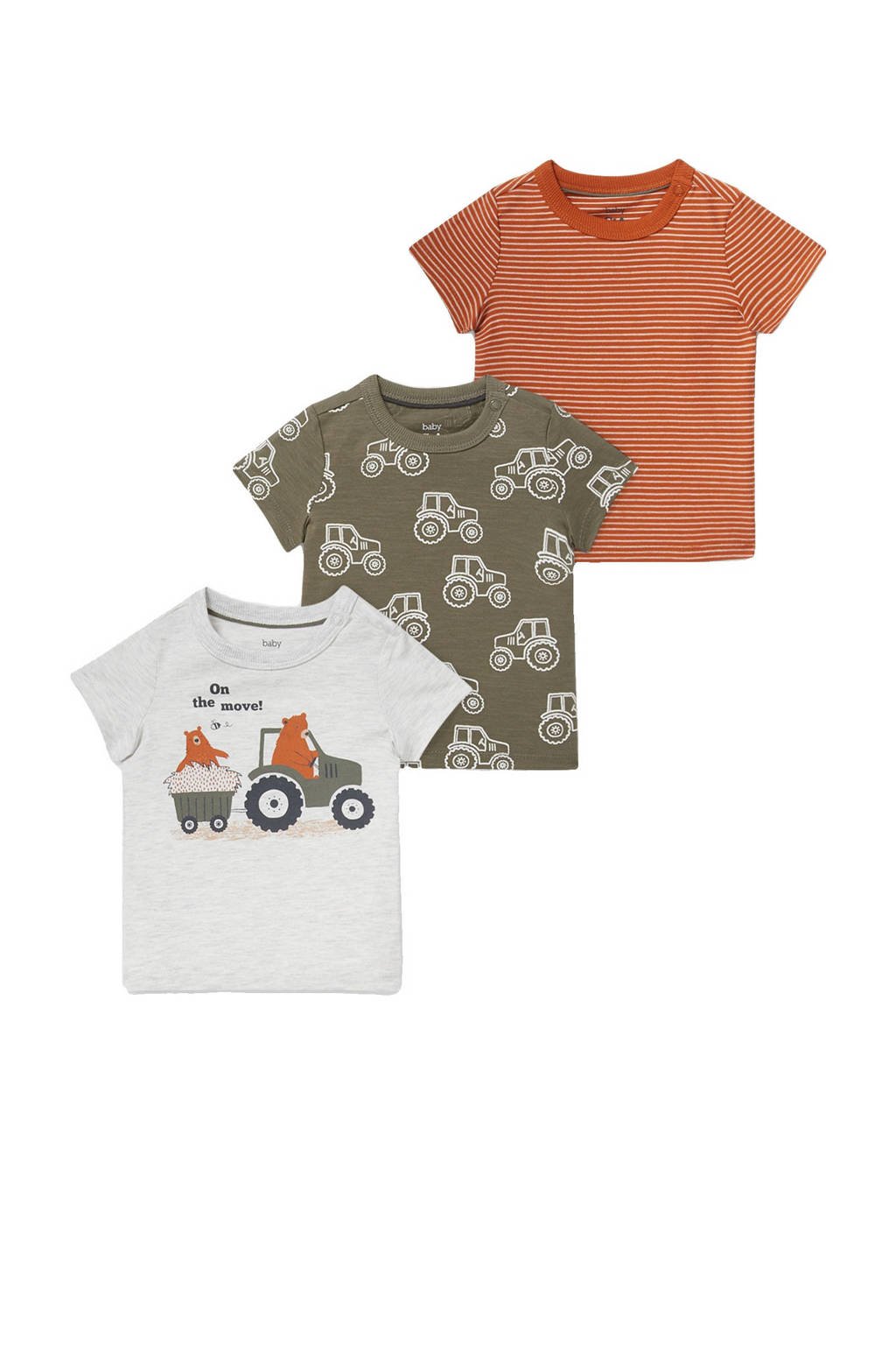 C&A Baby Club T-shirt - set van 3 ecru/groen/oranje, Ecru/groen/oranje