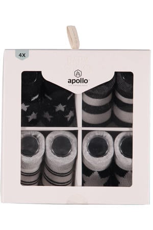 new born sokken - set van 4 in een geschenkset zwart/wit/grijs