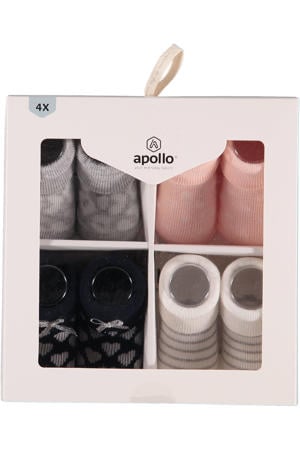 new born sokken - set van 4 in een geschenkset roze/wit/blauw