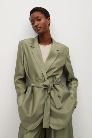 satijnen blazer met ceintuur kaki