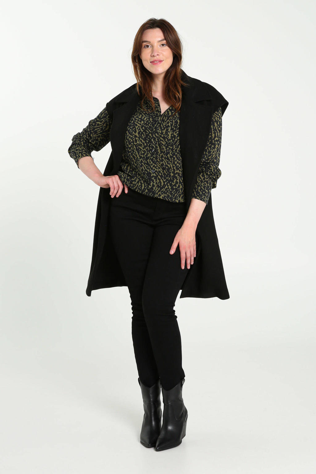 Donkergroen en zwarte dames Cassis blouse van polyester met all over print, lange mouwen, klassieke kraag en knoopsluiting