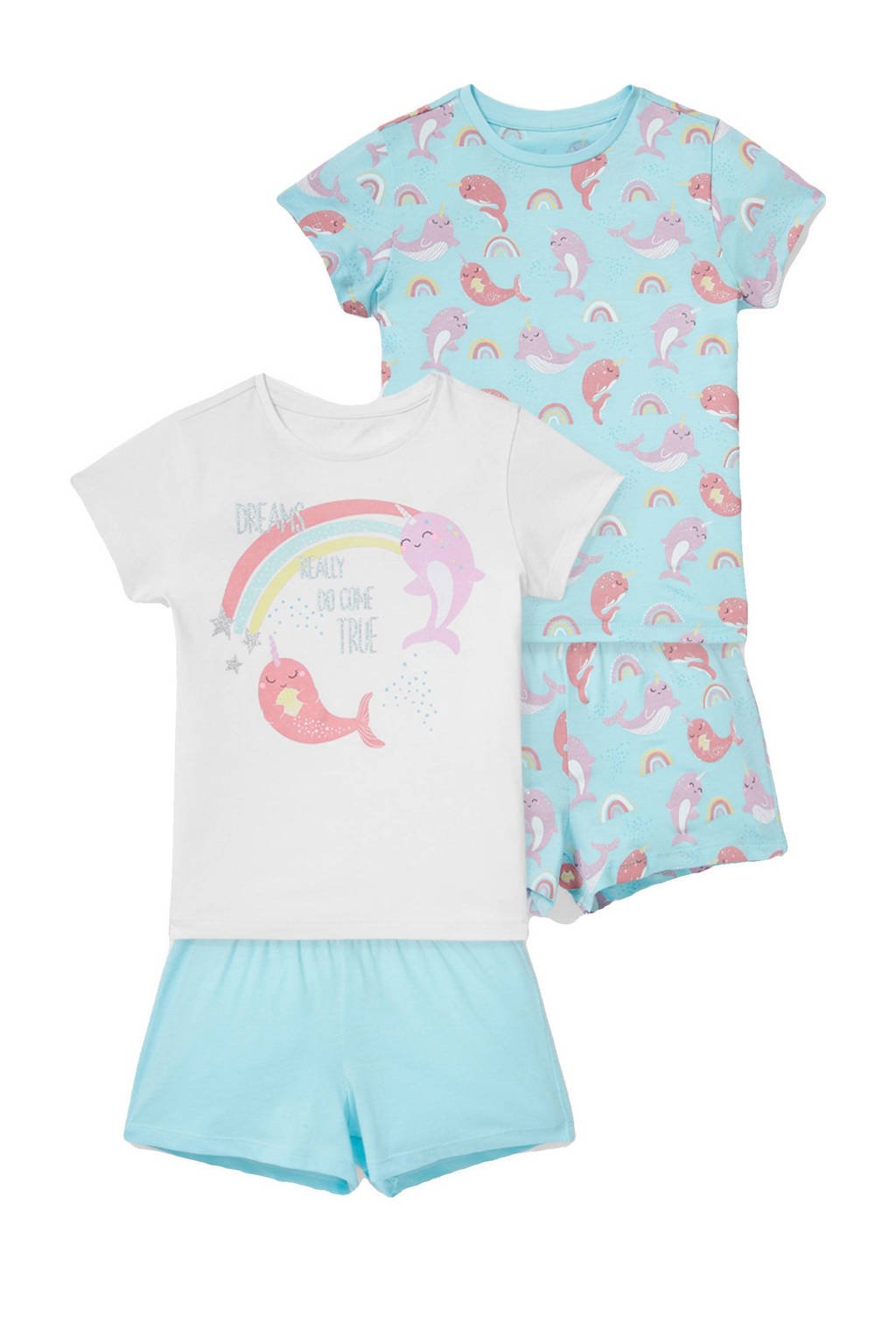 C&A Palomino shortama- set van 2 blauw/wit/roze, Wit