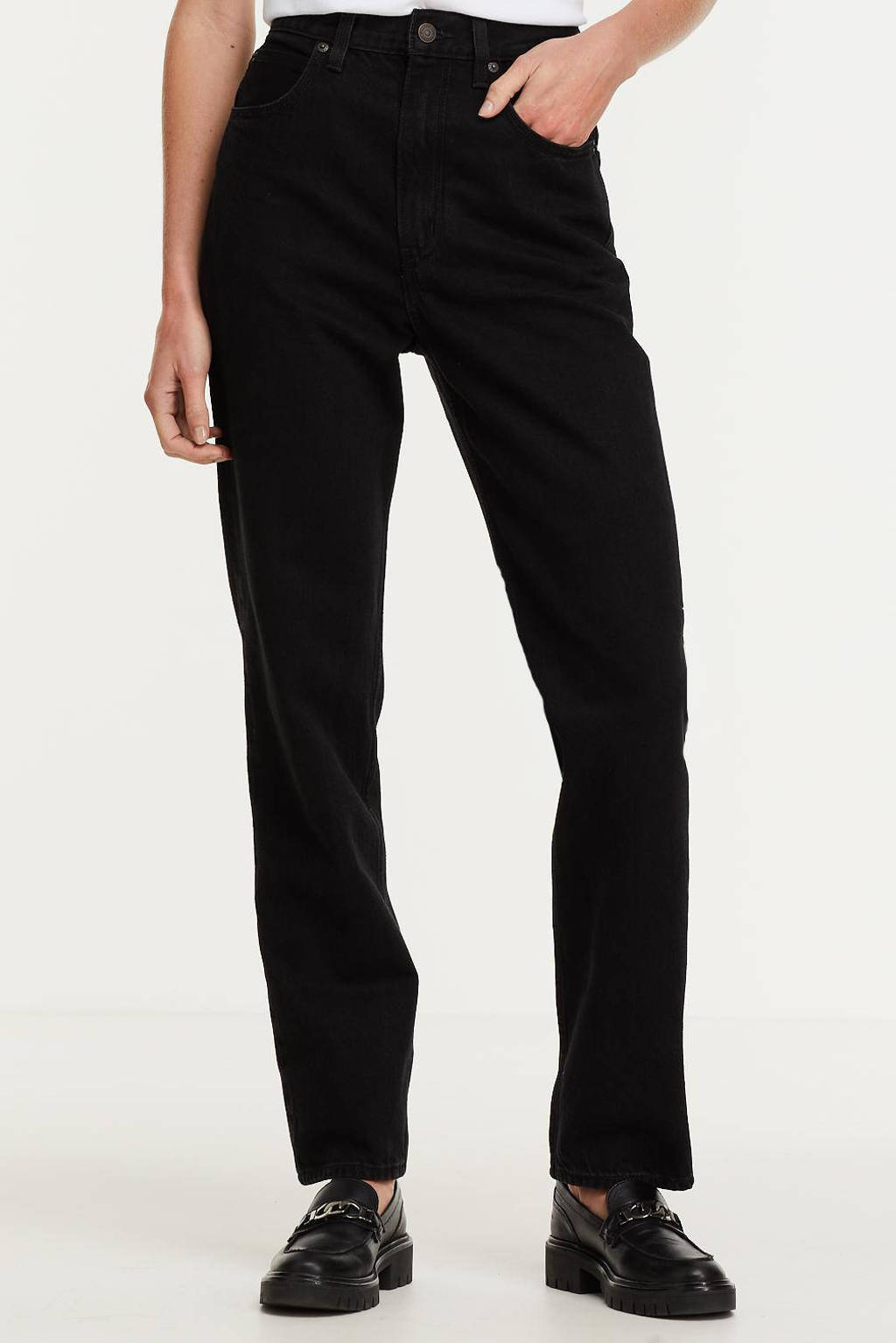 Zwarte dames Levi's 70's high waist straight fit jeans van stretchdenim met knoopsluiting