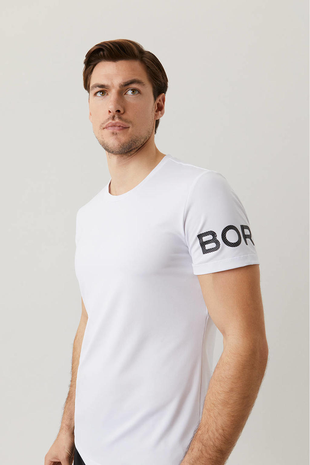 Witte heren Björn Borg sport T-shirt van gerecycled polyester met logo dessin, korte mouwen en ronde hals