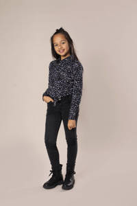 Blauw en zwarte meisjes DJ Dutchjeans blouse van polyester met panterprint, lange mouwen, klassieke kraag, knoopsluiting en knoopdetail