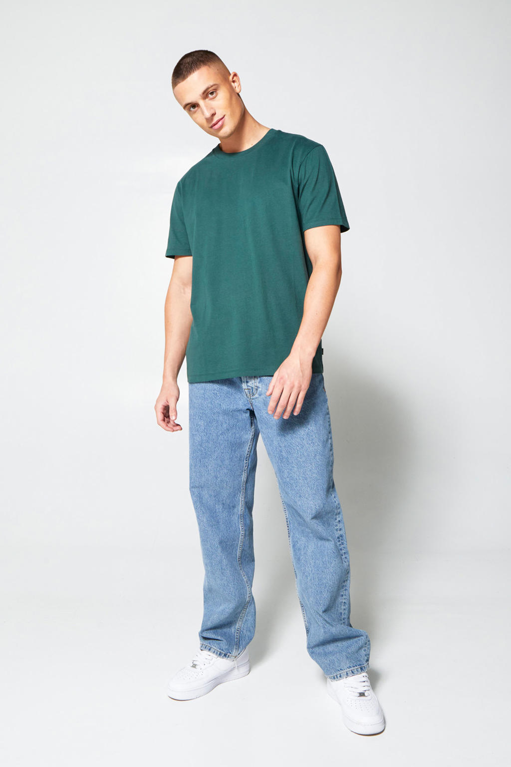 Groene heren America Today loose fit T-shirt Eric van katoen met effen, korte mouwen en ronde hals