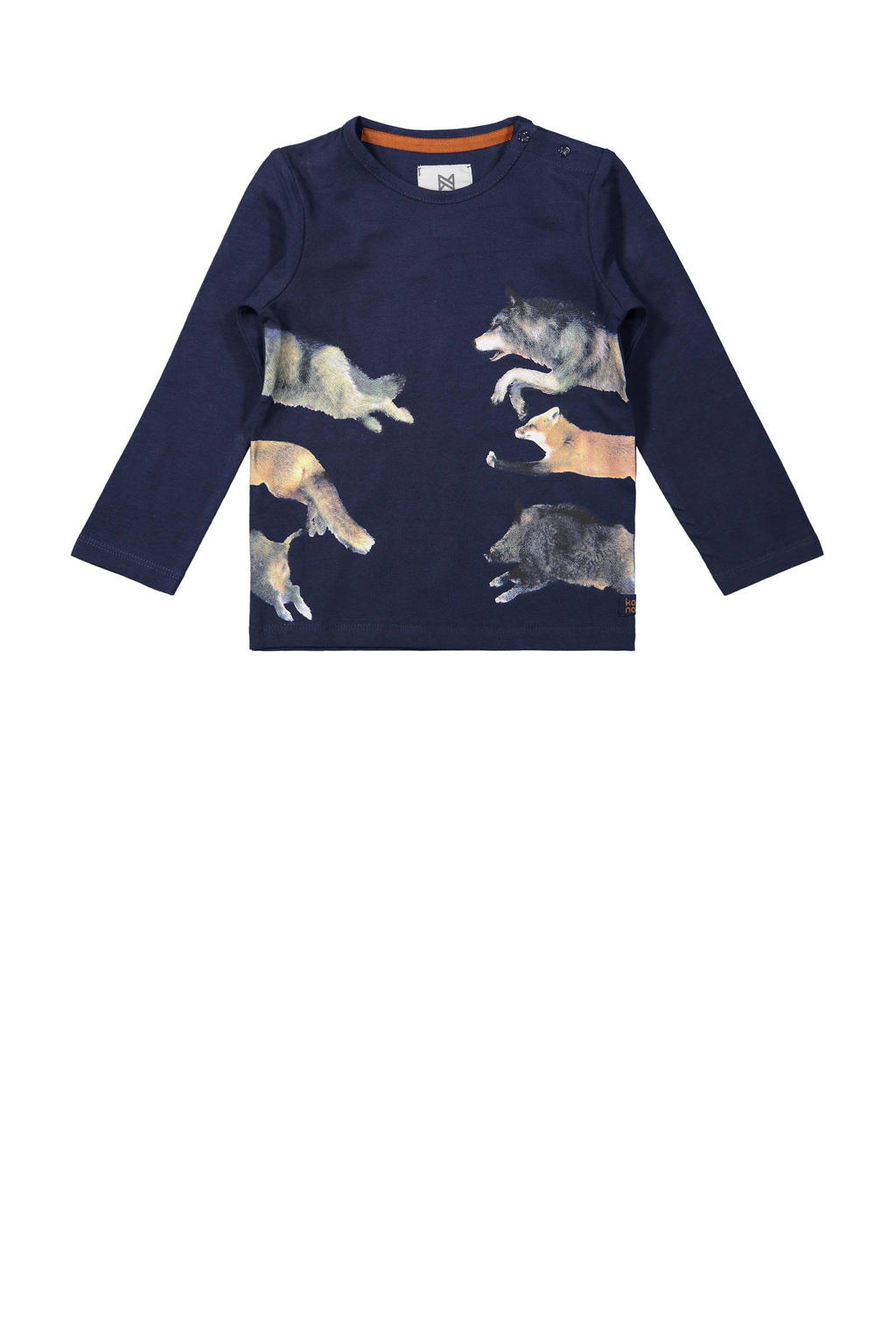 Donkerblauwe jongens Koko Noko longsleeve van stretchkatoen met dierenprint, lange mouwen en ronde hals