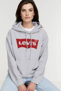 Lichtgrijze dames Levi's hoodie van katoen met logo dessin, lange mouwen, capuchon, striksluiting en tunnelkoord