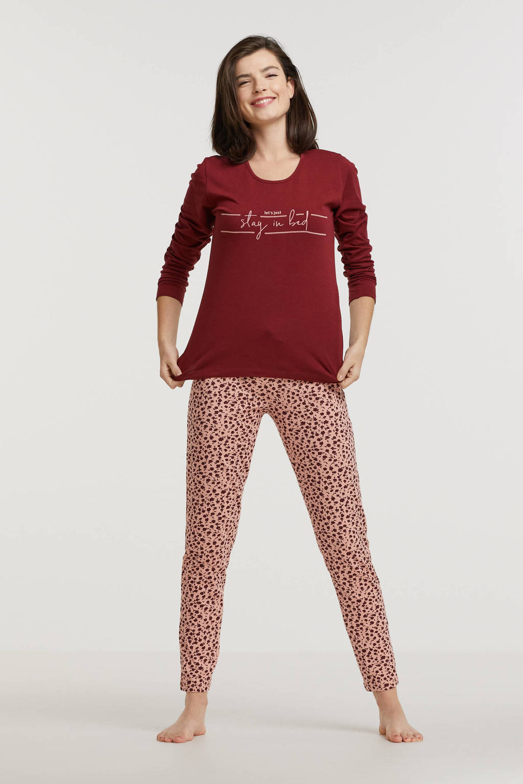 Dreamcovers pyjama met all over print donkerrood/roze, Donkerrood/roze