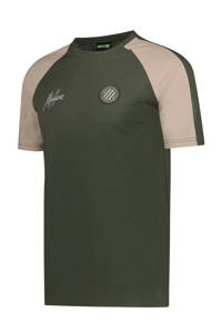 Groen en ecru heren Malelions T-shirt Striker van katoen met logo dessin, korte mouwen en ronde hals