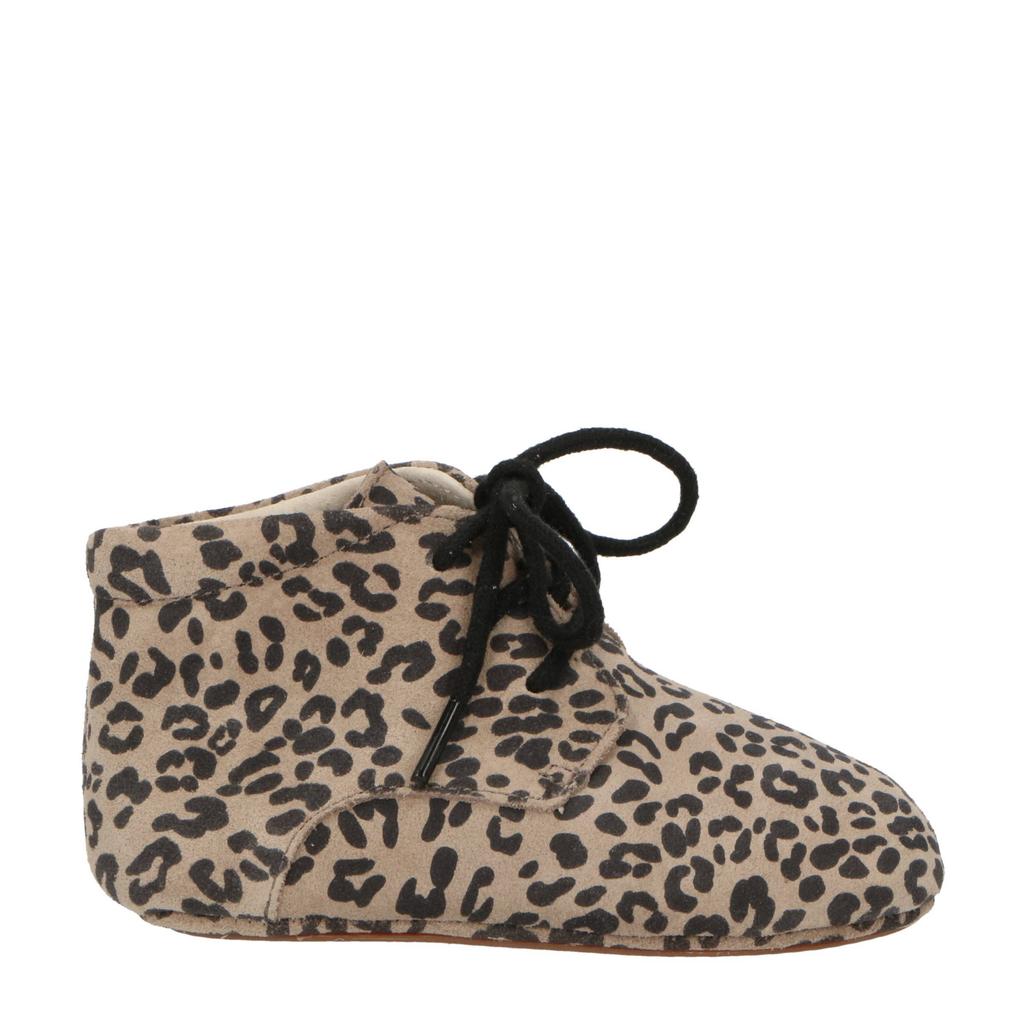 Beige jongens en meisjes Mavies leren babyschoenen met veters en panterprint
