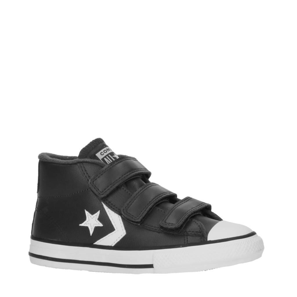 Zwart, grijs en witte jongens en meisjes Converse Star Player 3V sneakers van leer met klittenband en logo