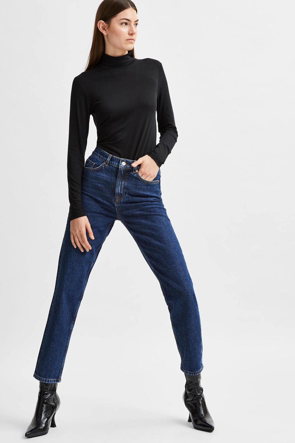 SELECTED FEMME high waist straight fit jeans SLFAMY  dark blue denim