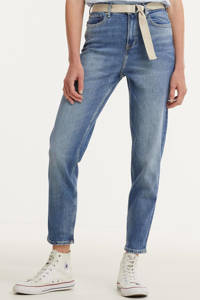 Blauwe dames Tommy Hilfiger high waist tapered fit jeans van stretchdenim met rits- en knoopsluiting