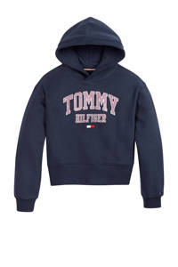 Donkerblauwe meisjes Tommy Hilfiger hoodie van duurzame sweatstof met logo dessin, lange mouwen, capuchon en geribde boorden