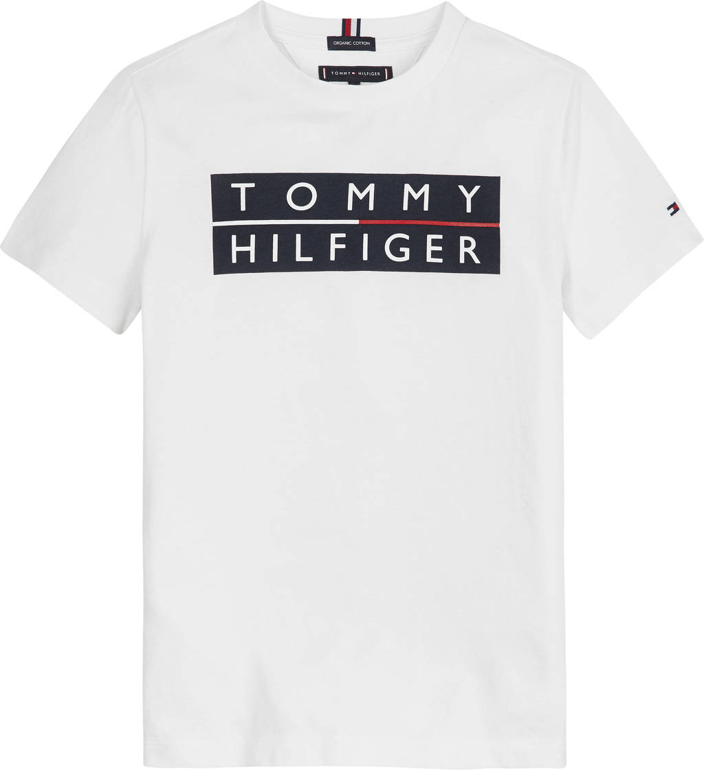 Wit en rode jongens Tommy Hilfiger T-shirt van biologisch katoen zwrat met korte mouwen en ronde hals