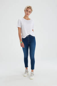 Donkerblauwe dames Shoeby Eksept cropped high waist skinny jeans Ametist Denim L32 met rits- en knoopsluiting