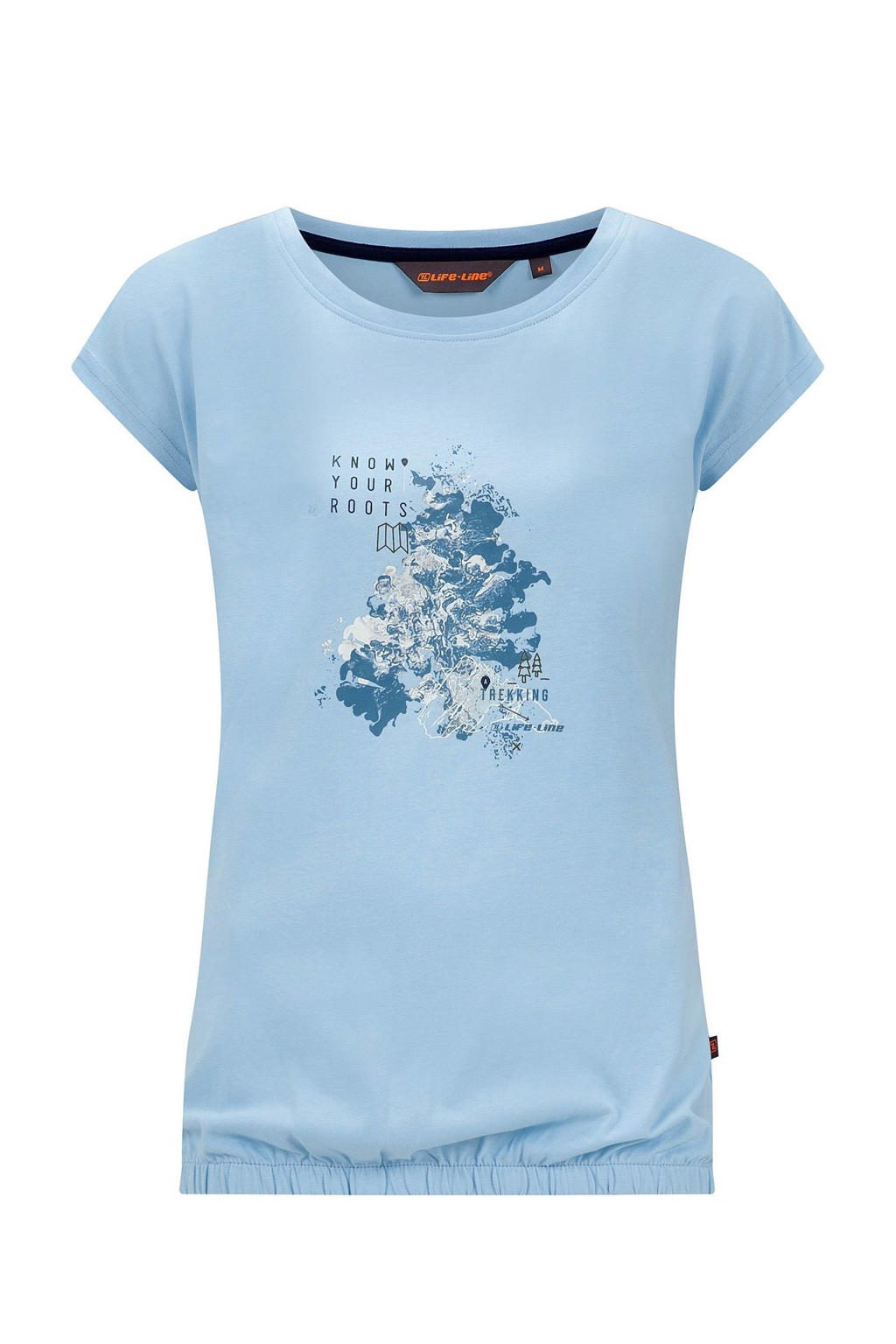 Lichtblauwe dames Life-Line outdoor T-shirt Nena van katoen met printopdruk, kapmouwtjes en ronde hals