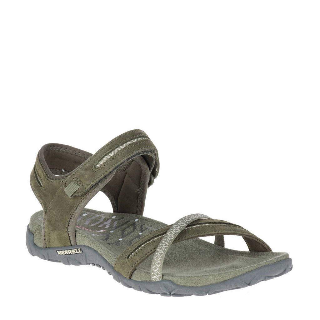 Olijfgroene dames Merrell Terran Cross II outdoor sandalen van imitatieleer met profielzool en klittenband