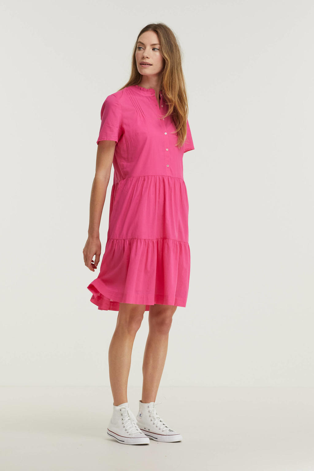 Roze dames Tommy Hilfiger trapeze jurk van katoen met korte mouwen, opstaande kraag, knoopsluiting en ruches