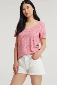 Roze dames VILA top detail van polyester met korte mouwen en V-hals