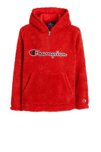 Rode jongens Champion hoodie van sweat materiaal met logo dessin, lange mouwen, capuchon en halve rits
