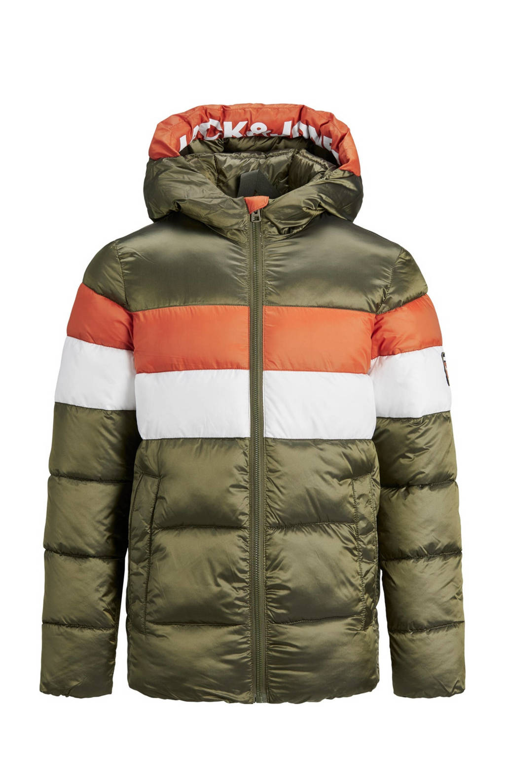 JACK & JONES JUNIOR gewatteerde winterjas JORPAXSON olijfgroen/oranje/wit, Olijfgroen/oranje/wit