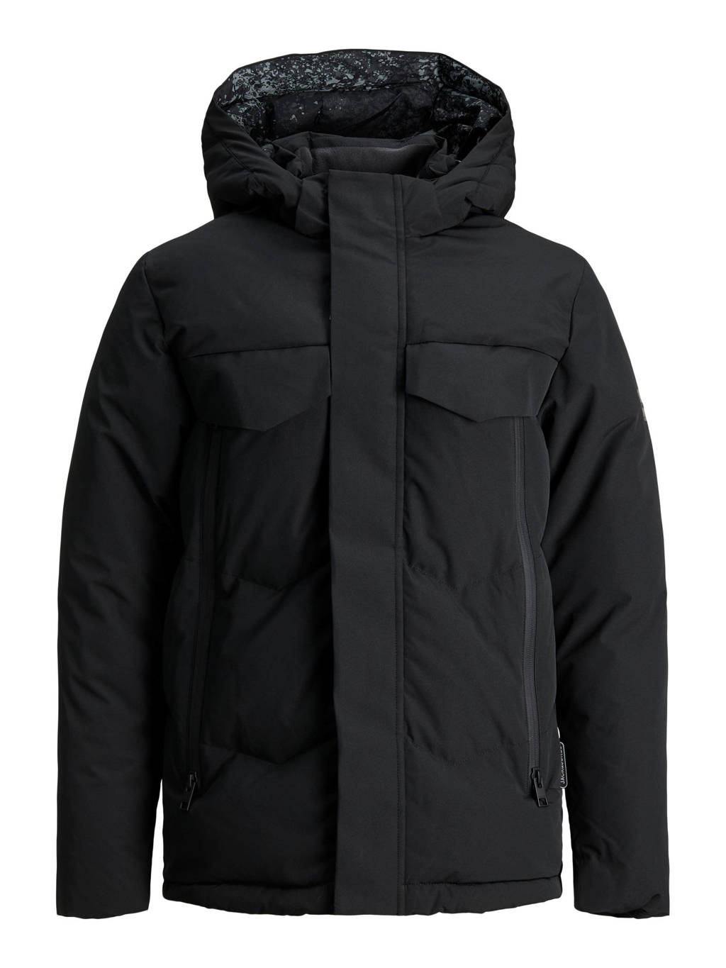 Zwarte jongens JACK & JONES JUNIOR gewatteerde winterjas van polyester met lange mouwen, capuchon en ritssluiting