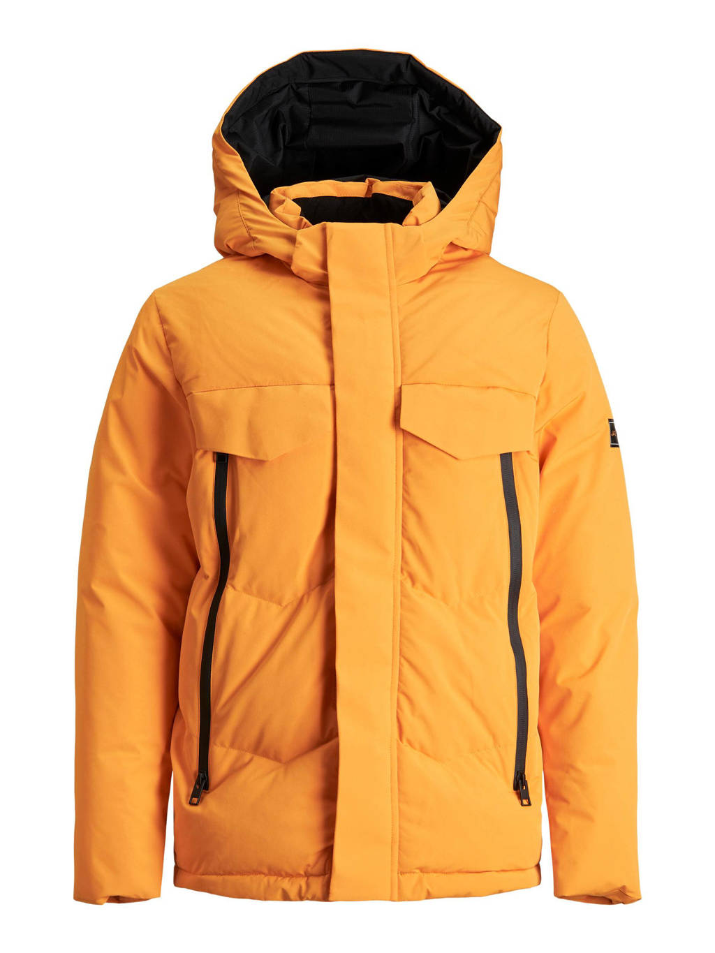 Oranje jongens JACK & JONES JUNIOR gewatteerde winterjas van polyester met lange mouwen, capuchon en ritssluiting