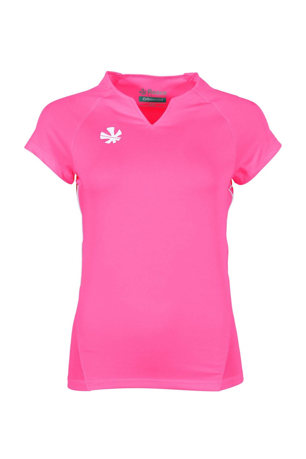 Roze meisjes Reece junior sportshirt Rise van polyester met logo dessin, korte mouwen en V-hals
