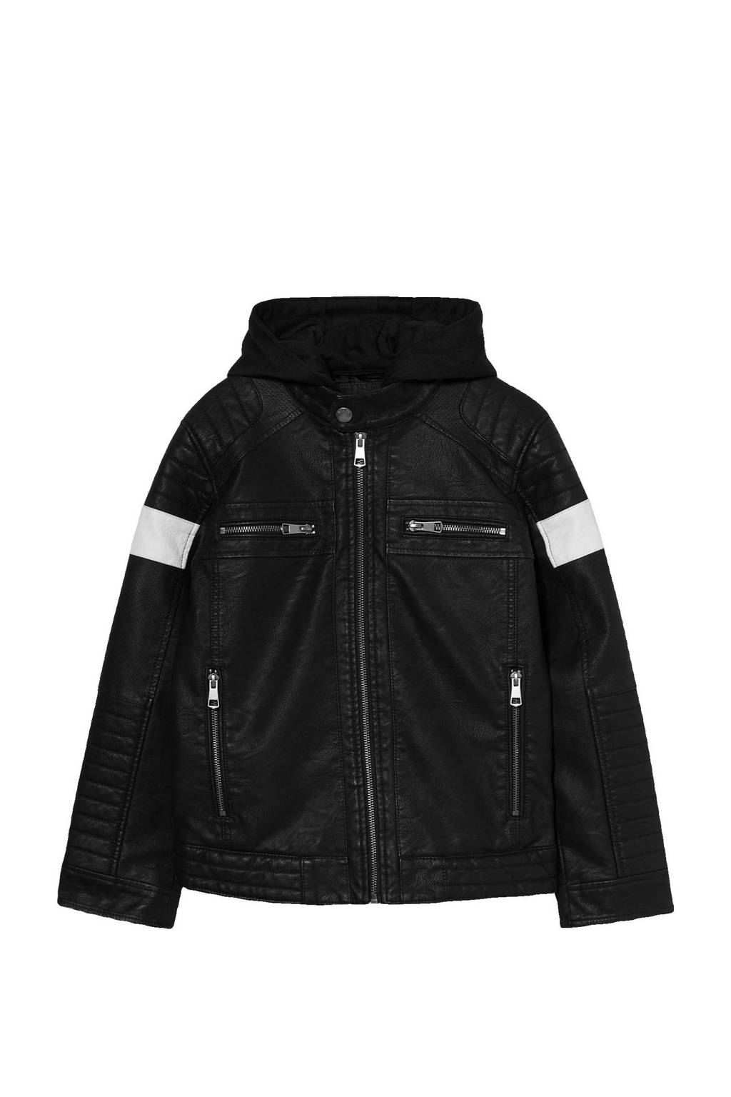 Zwarte jongens C&A Here & There imitatieleren bikerjack met meerkleurige print, lange mouwen, capuchon en ritssluiting