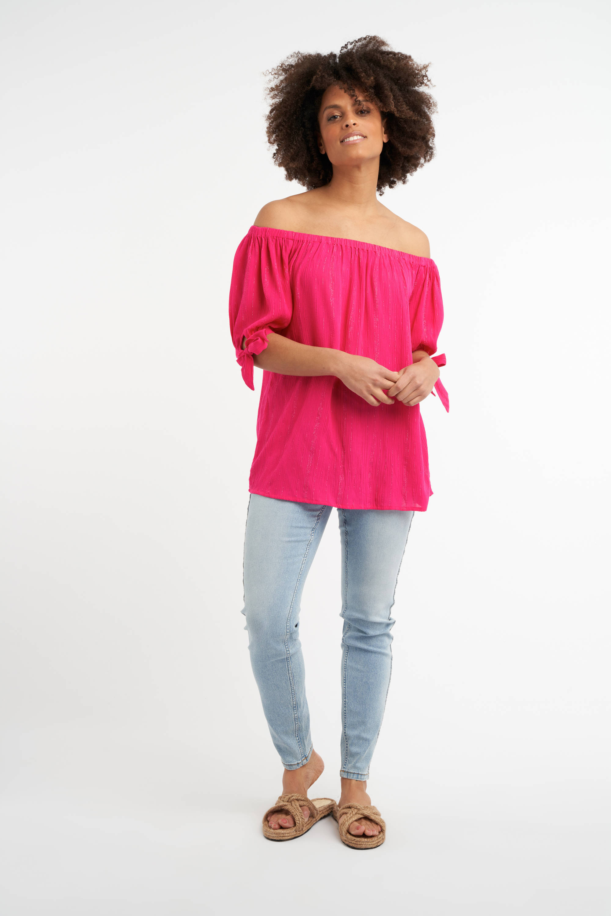 MS Mode gestreepte semi-transparante geweven off shoulder top fuchsia |  wehkamp