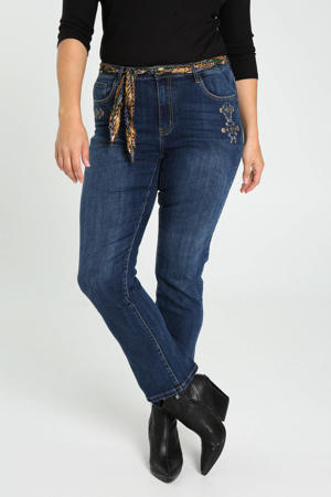 flared jeans Mia met printopdruk en borduursels blauw