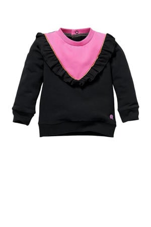 sweater Lisanne met ruches zwart/roze