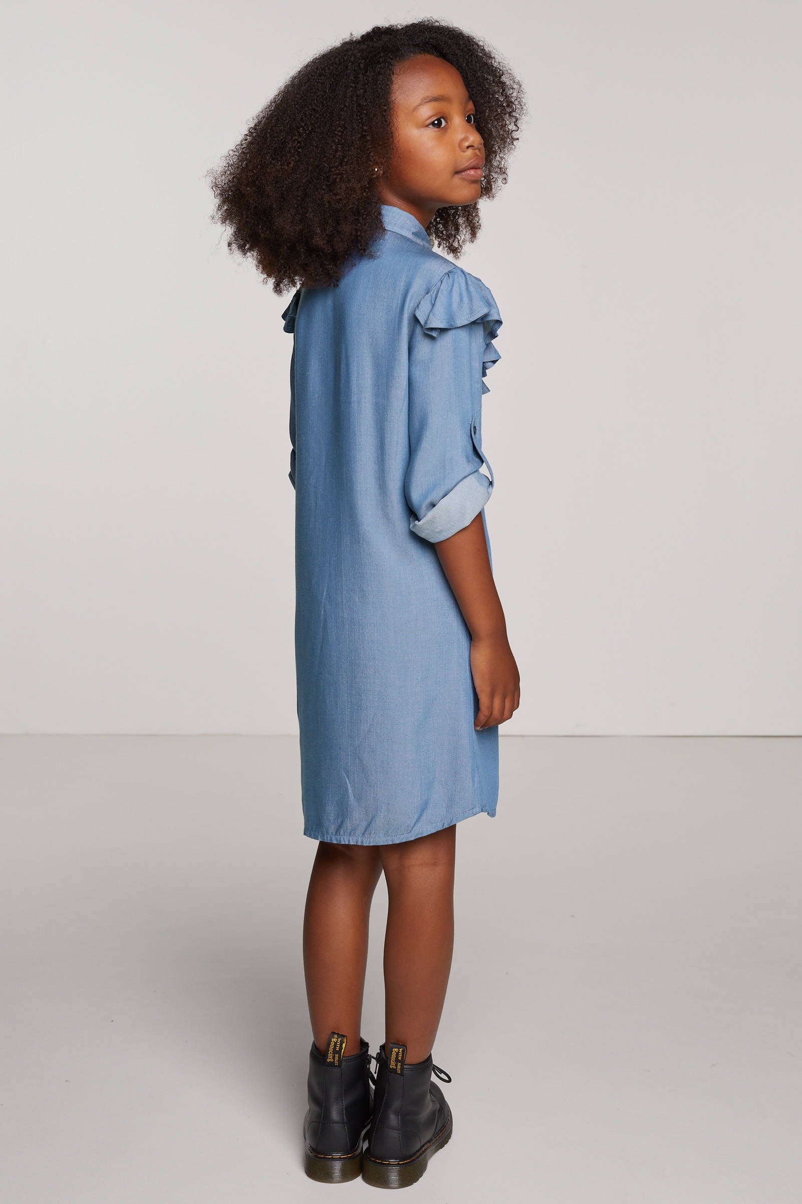 Quapi Girls denim blousejurk Kaja met ruches blauw | wehkamp