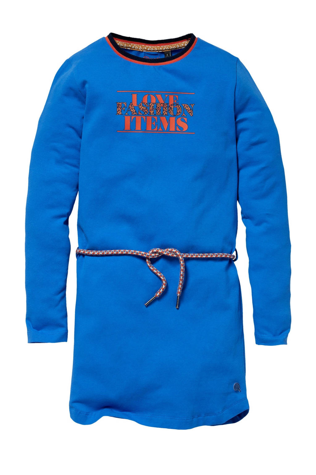 Blauwe meisjes Quapi Girls jurk Kaat van polyester met tekst print, lange mouwen en ronde hals