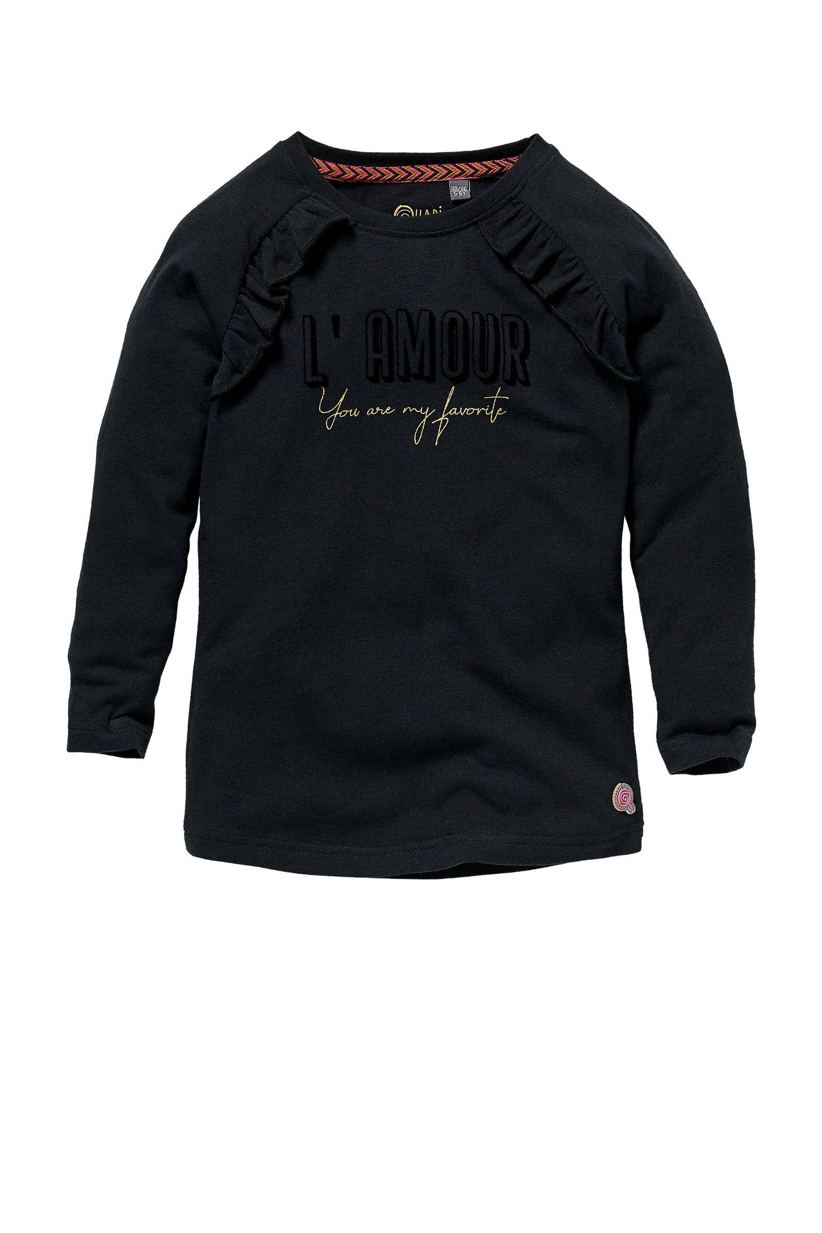 Quapi Girls longsleeve Katrien met tekst en ruches zwart