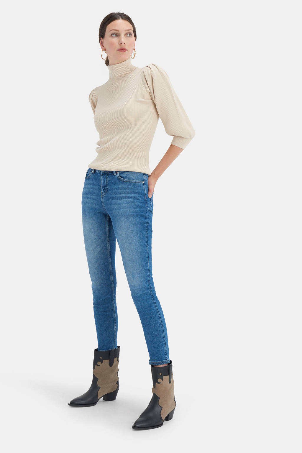 Blauwe dames Shoeby Eksept cropped high waist skinny jeans Ametist Vintage L28 van stretchdenim met rits- en knoopsluiting