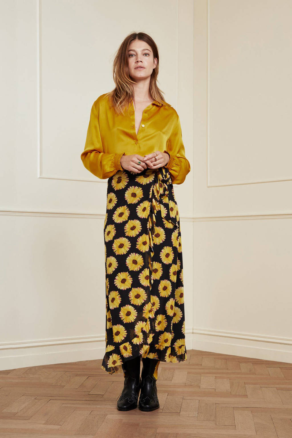 Fabienne Chapot blouse Mira Boho  met ruches saffraangeel, Saffraangeel
