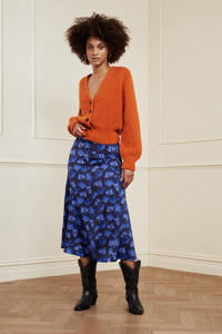 Oranje dames Fabienne Chapot vest Starry van wol met lange mouwen, V-hals, knoopsluiting en sierknopen
